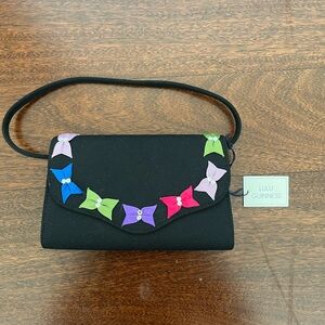 1990s Lulu Guinness NWT Y2K Vintage Black Satin Evening Bag With Multicolor Bows